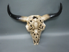 Büffelschädel Stierschädel Bullenschädel mit Indianer geschnitzt Western 30 cm
